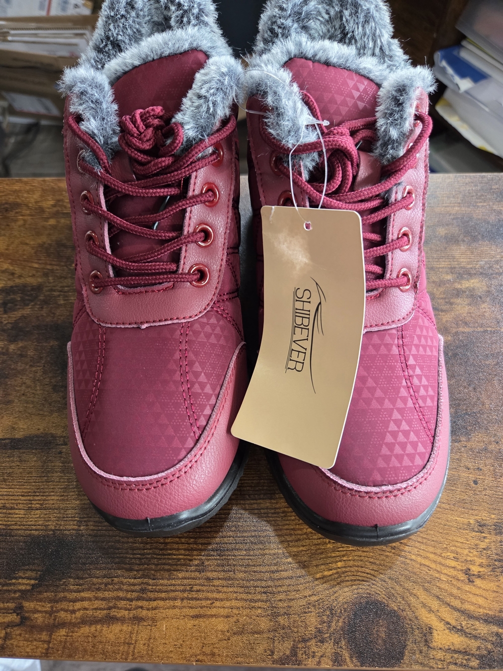 Shibever Women's Burgundy Faux-Fur Lace-Up Ankle Boots